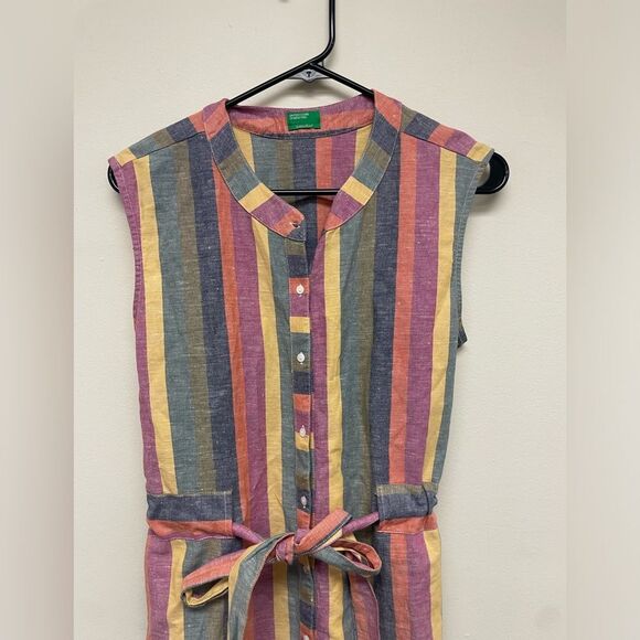 United Colors Of Benetton Yellow & Pink Striped Belted Linen Blend Shirt Dress M - Picture 3 of 7